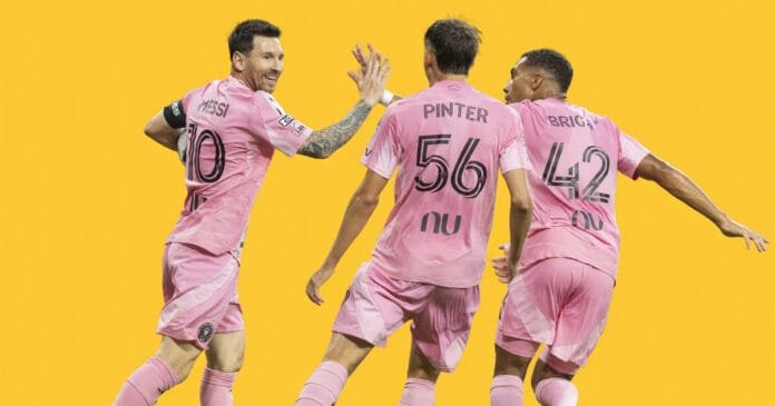 Inter Miami vs San Luis: Lionel Messi celebrates after scoring two goals for Inter Miami against San Luis in the Leagues Cup.